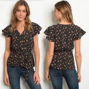 Floral Black Blouse with Belt